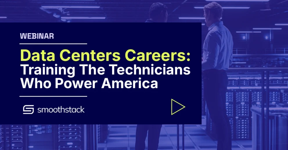 Smoothstack Data Centers Careers: Training The Technicians Who Power America webinar - two workers on laptop in server room